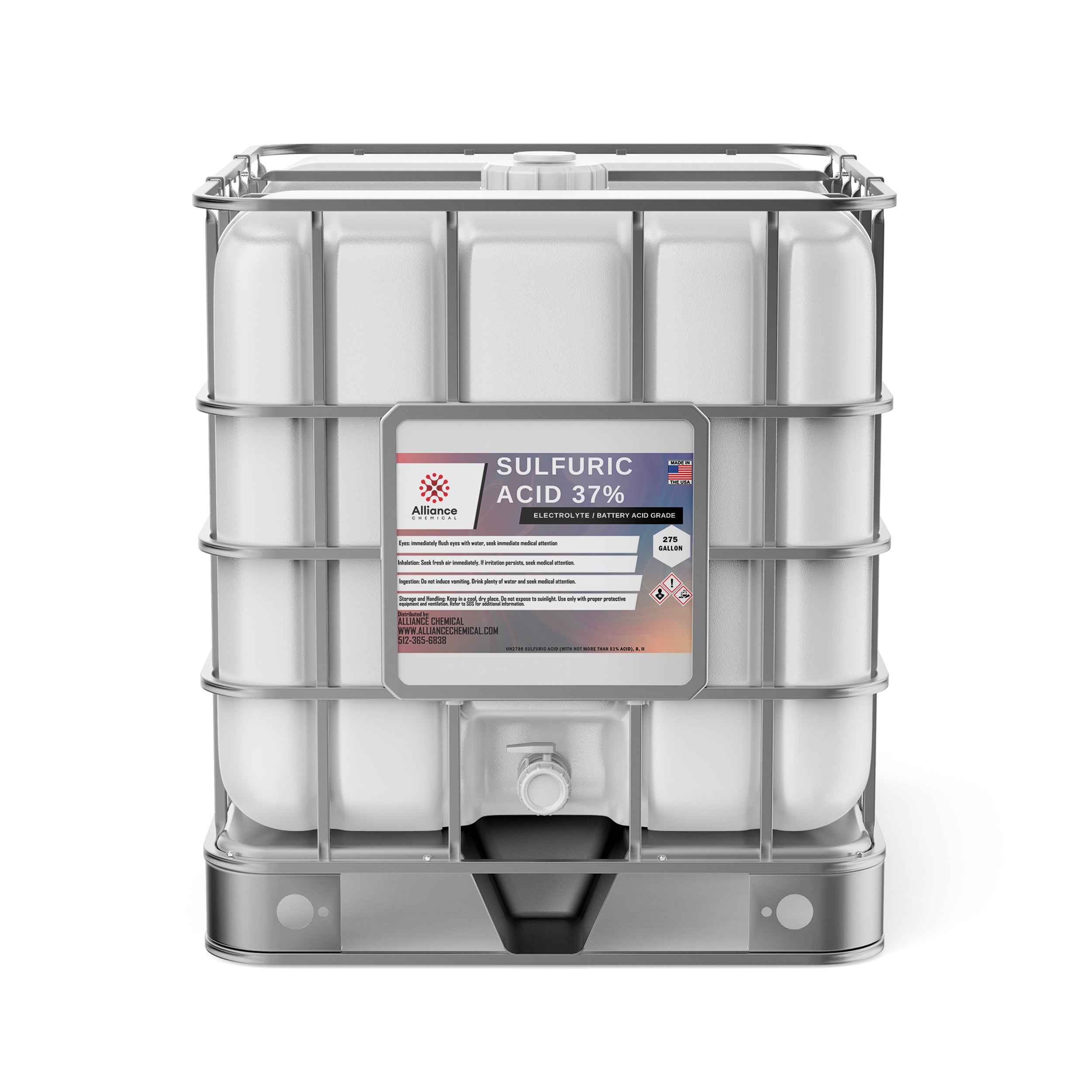 275-gallon IBC tote of Sulfuric Acid 37% electrolyte/battery grade, white container with metal cage frame, hazard warnings, Alliance Chemical branded, spigot valve.