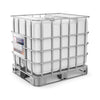 275-gallon IBC tote of 37% Sulfuric Acid (electrolyte grade) in white HDPE container with metal cage frame, hazmat labeling, and bottom discharge valve.