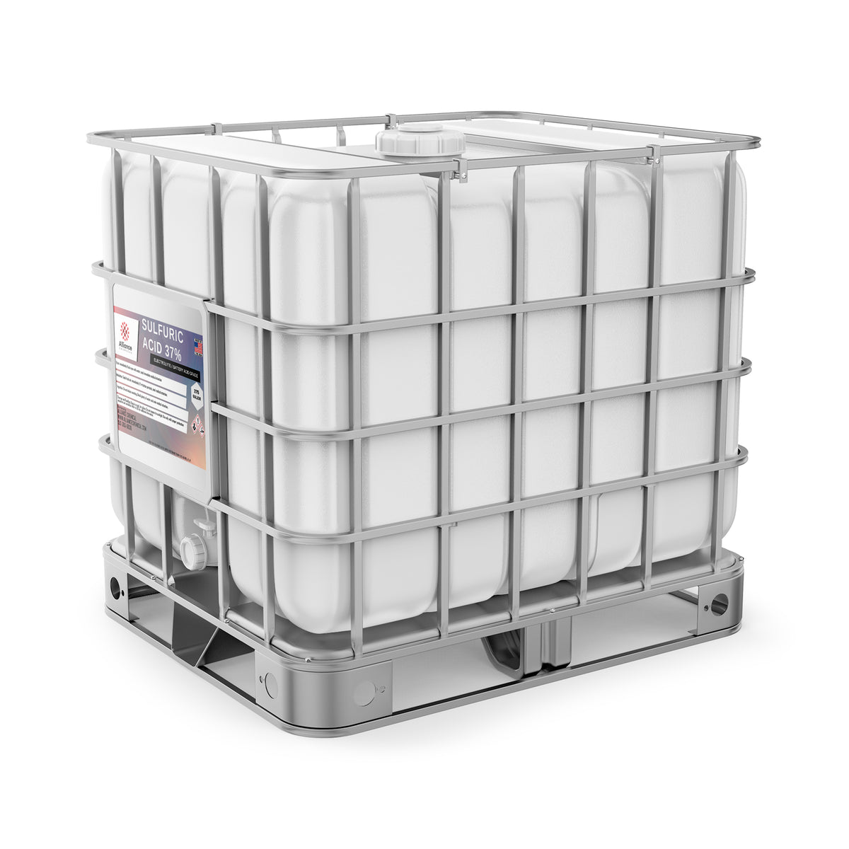 One 275-gallon tote of Alliance Chemical Sulfuric Acid 37% - Battery Acid with a metal cage and a white plastic container.