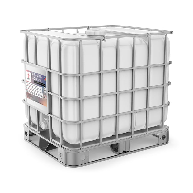 One 275-gallon tote of Alliance Chemical Sulfuric Acid 37% - Battery Acid with a metal cage and a white plastic container.