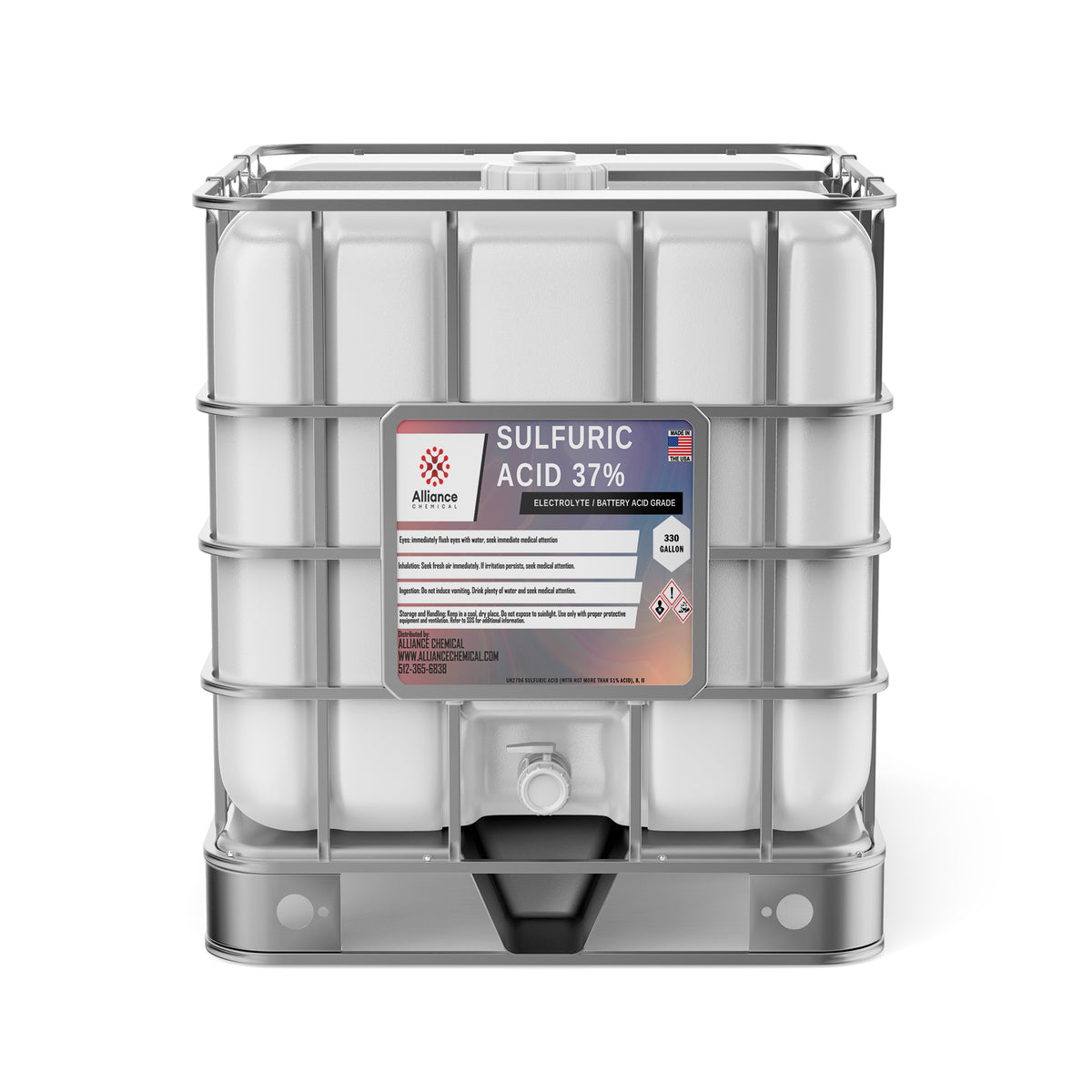 One 330-gallon tote of Alliance Chemical Sulfuric Acid 37% - Battery Acid with a steel cage and a white plastic container.