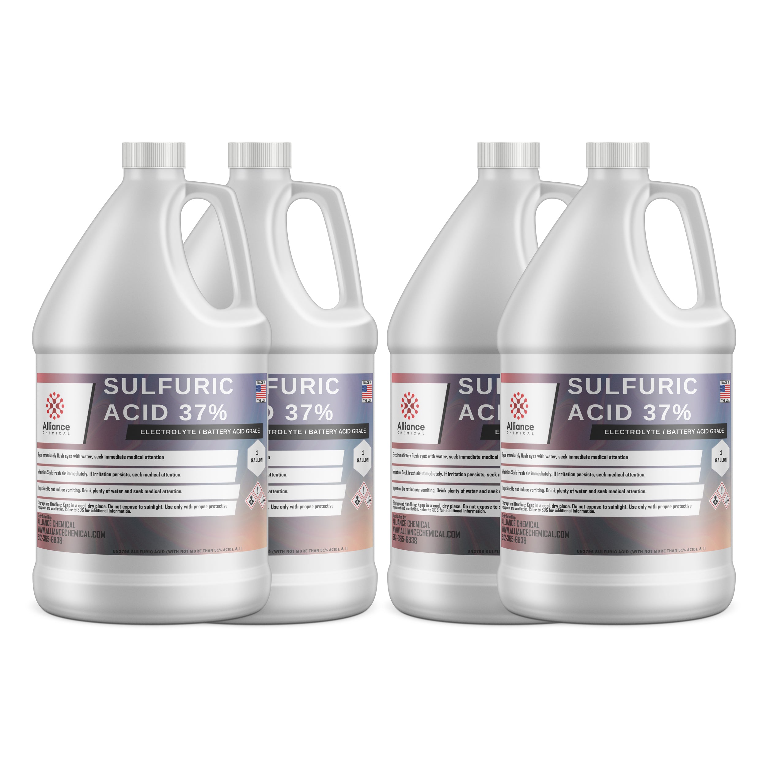 4x1-gallon HDPE jugs of 37% Sulfuric Acid electrolyte/battery grade with hazard symbols, Alliance Chemical brand, corrosive warning labels.