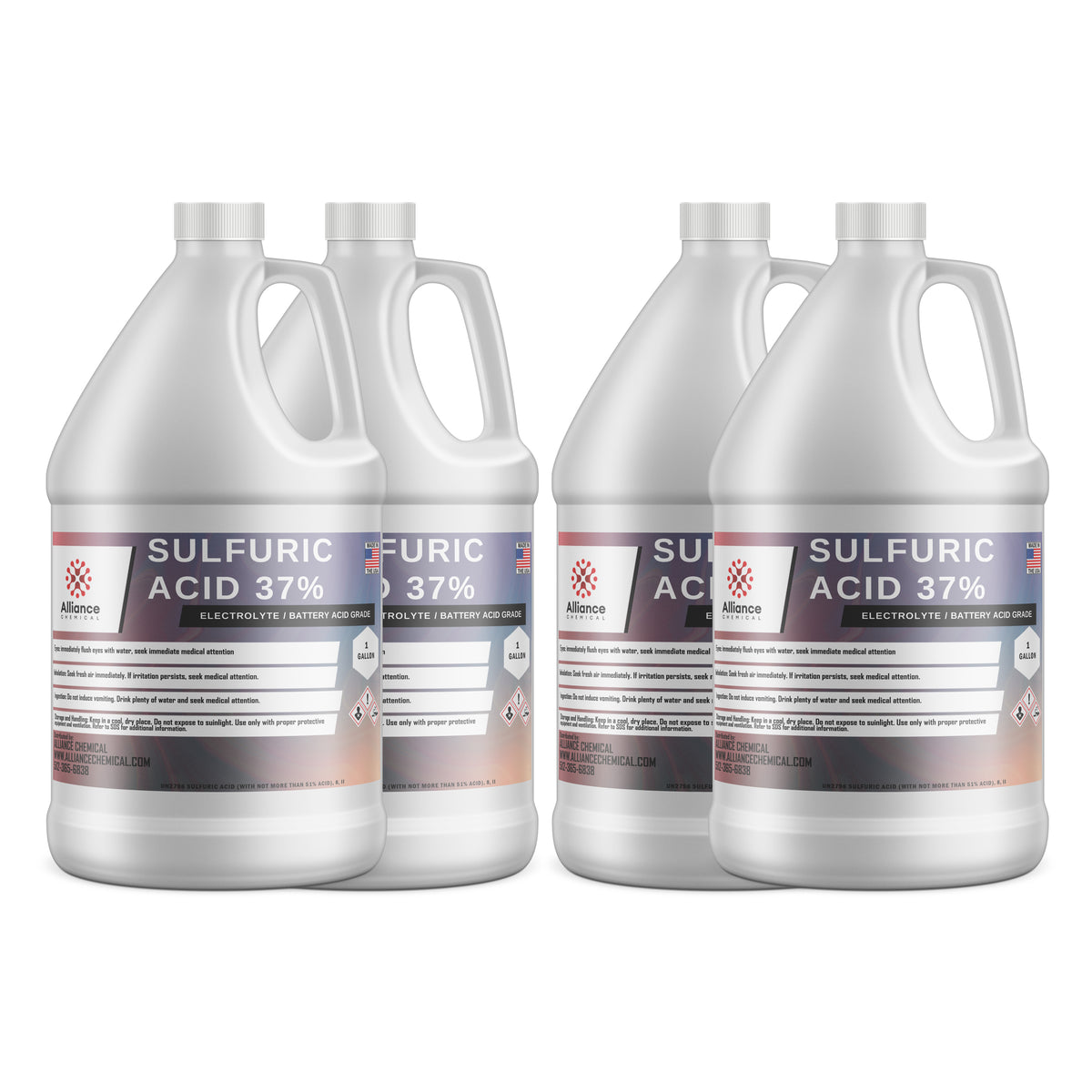4x1-gallon HDPE jugs of 37% Sulfuric Acid electrolyte/battery grade Alliance Chemical brand, corrosive warning labels