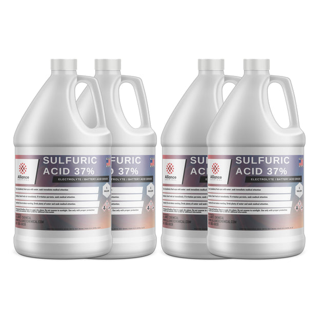 4x1-gallon HDPE jugs of 37% Sulfuric Acid electrolyte/battery grade Alliance Chemical brand, corrosive warning labels