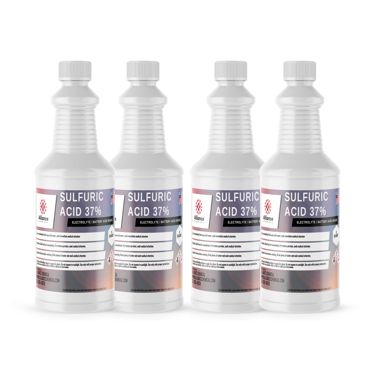 4x1-quart sulfuric acid 37% electrolyte-grade solution in HDPE bottles Alliance Chemical brand, battery-grade specifications