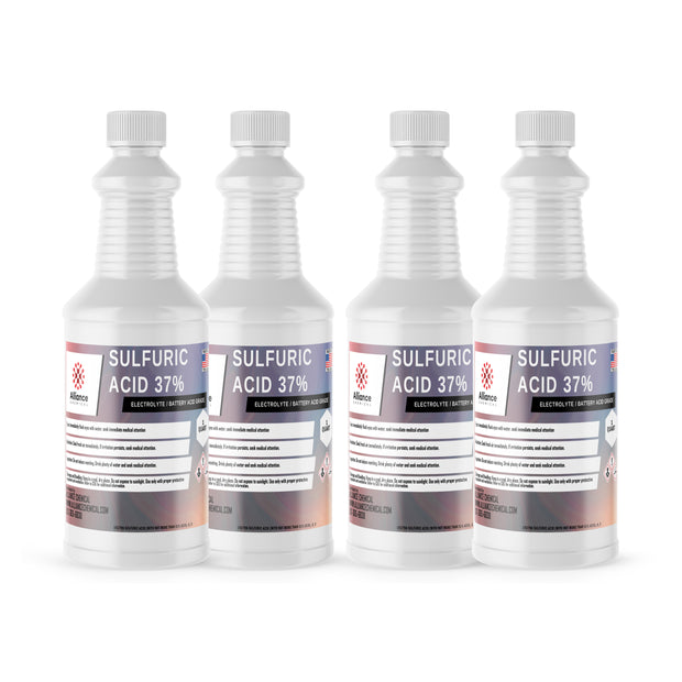 4x1-quart sulfuric acid 37% electrolyte-grade solution in HDPE bottles Alliance Chemical brand, battery-grade specifications