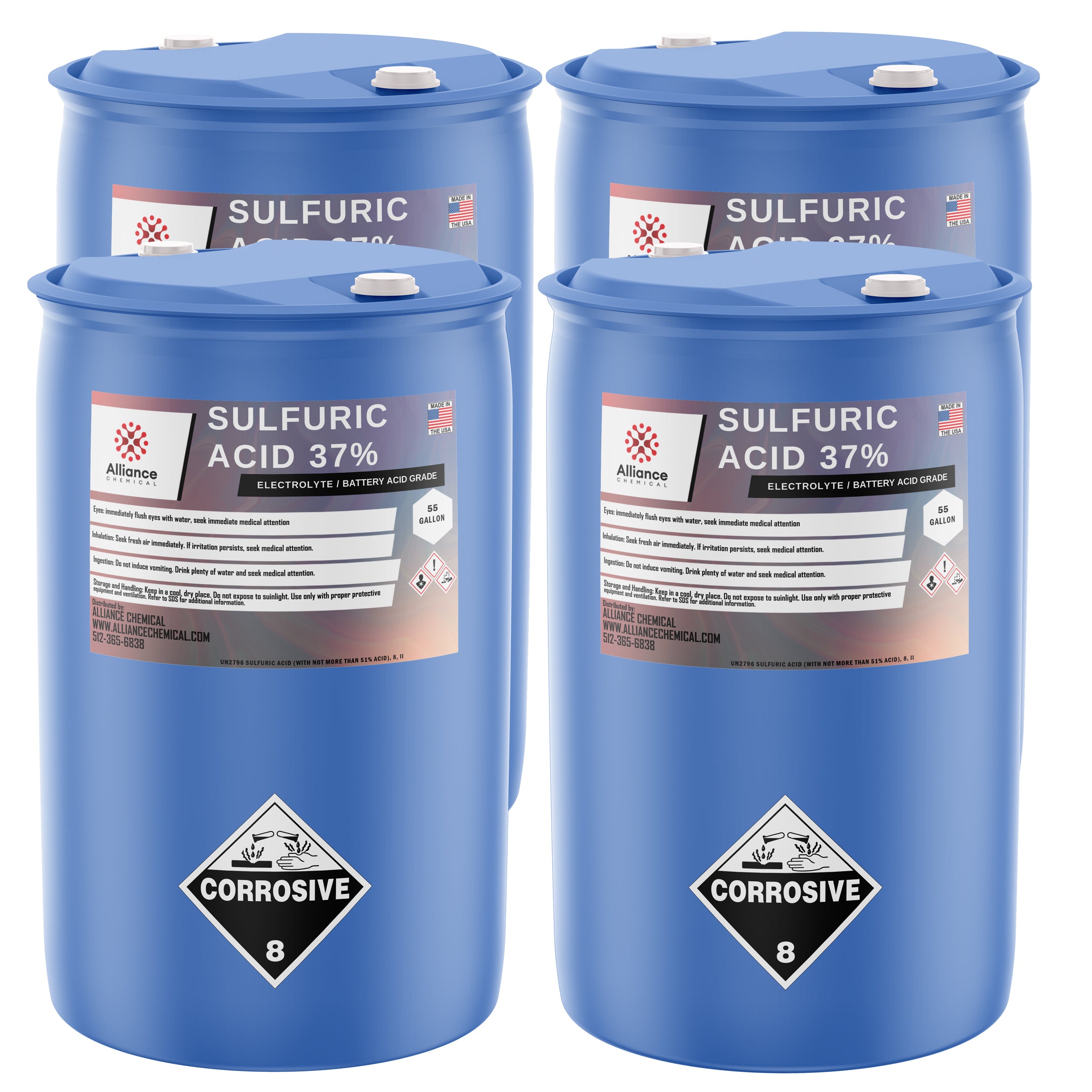 4x55-gallon blue HDPE drums of Alliance Chemical sulfuric acid 37% electrolyte/battery grade with corrosive Class 8 placards and safety warnings.