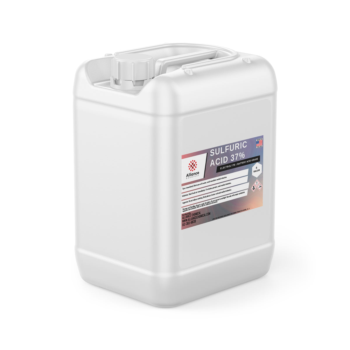 5-gallon HDPE container of 37% electrolyte-grade sulfuric acid, white industrial container with Alliance Chemical labeling