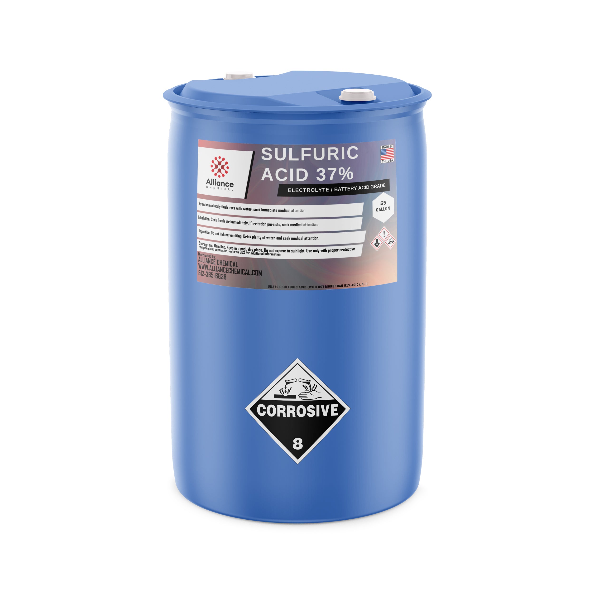 55-gallon blue polyethylene drum of 37% Sulfuric Acid electrolyte/battery grade with corrosive warning label, Alliance Chemical brand, made in USA.