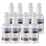 Eight 1-quart HDPE bottles of Alliance Chemical Sulfuric Acid 37% - Battery Acid with white caps and product labels.