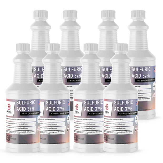 Eight 1-quart HDPE bottles of Alliance Chemical Sulfuric Acid 37% - Battery Acid with white caps and product labels.