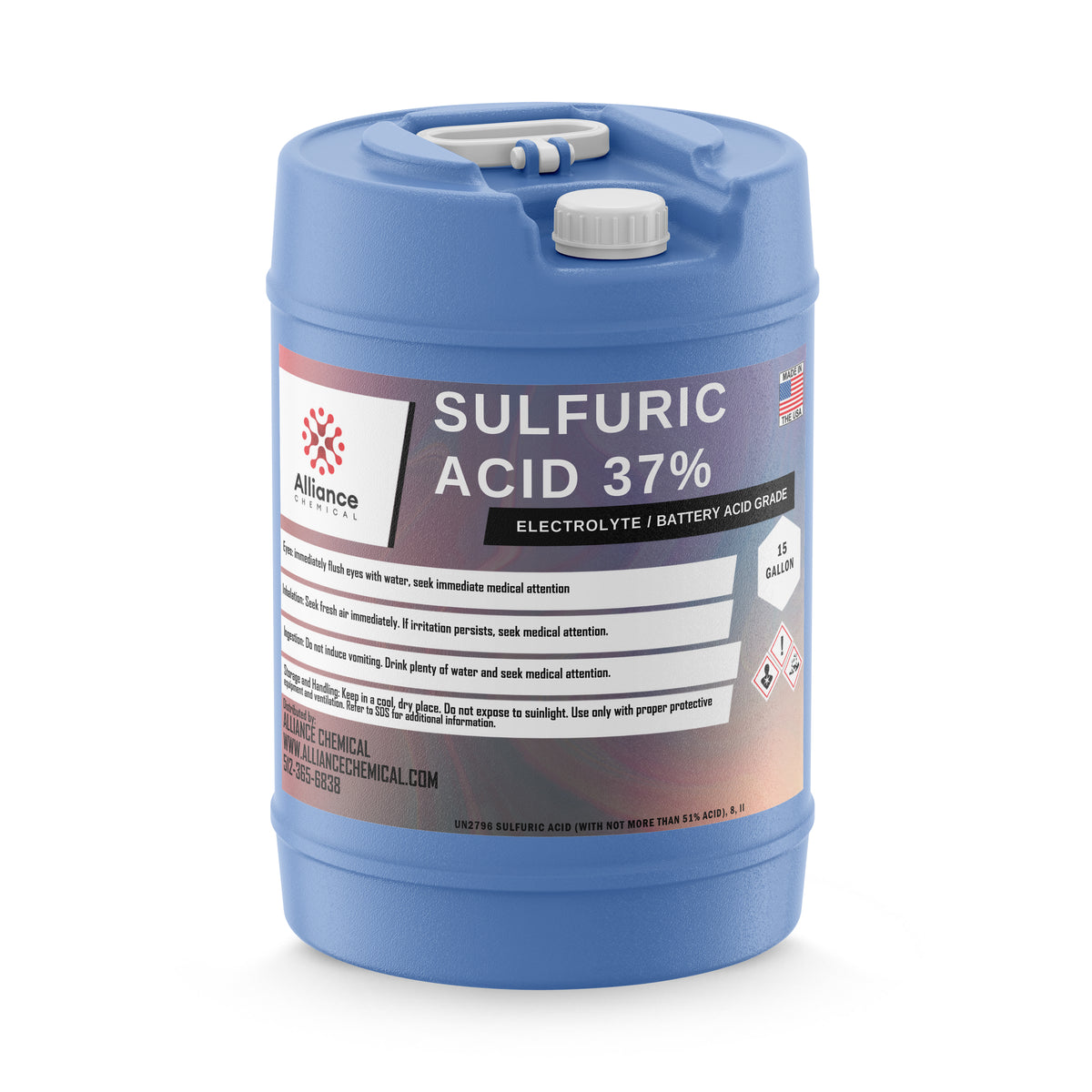 One 15-gallon HDPE jug of Alliance Chemical Sulfuric Acid 37% - Battery Acid with a white cap and a blue handle.