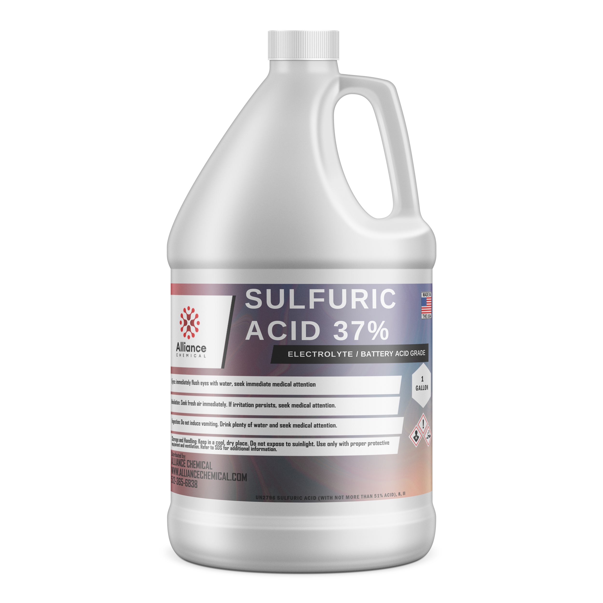 One-gallon HDPE bottle of 37% sulfuric acid electrolyte/battery grade by Alliance Chemical, with safety warnings and hazmat symbols, white container.