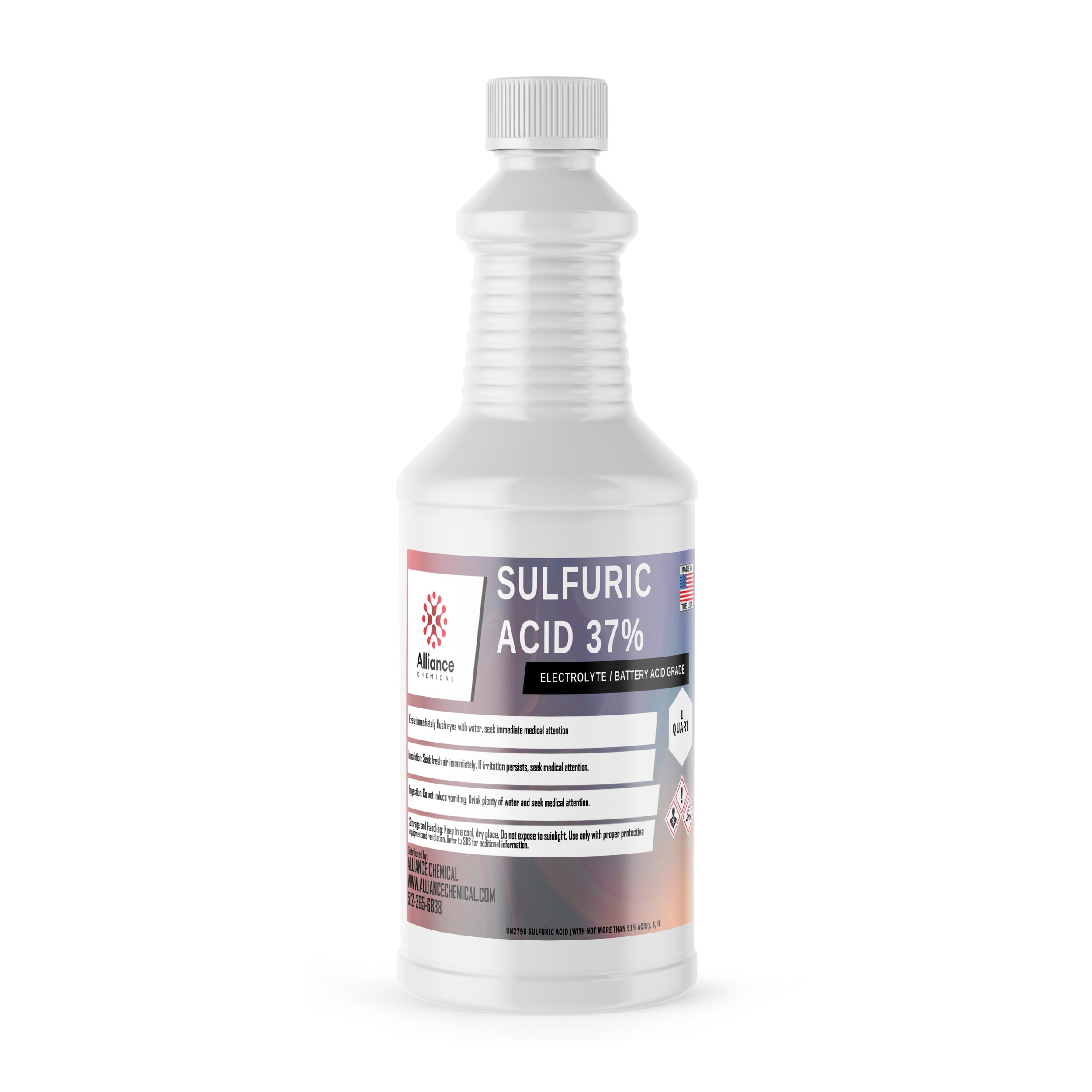 1-quart sulfuric acid 37% battery electrolyte solution in ribbed HDPE bottle with child-resistant cap, hazard warnings and Alliance Chemical branding.