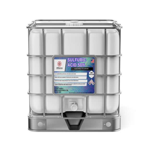 One 330-gallon plastic tote of Alliance Chemical Sulfuric Acid 50% - Electrolyte Grade with a metal cage and label.