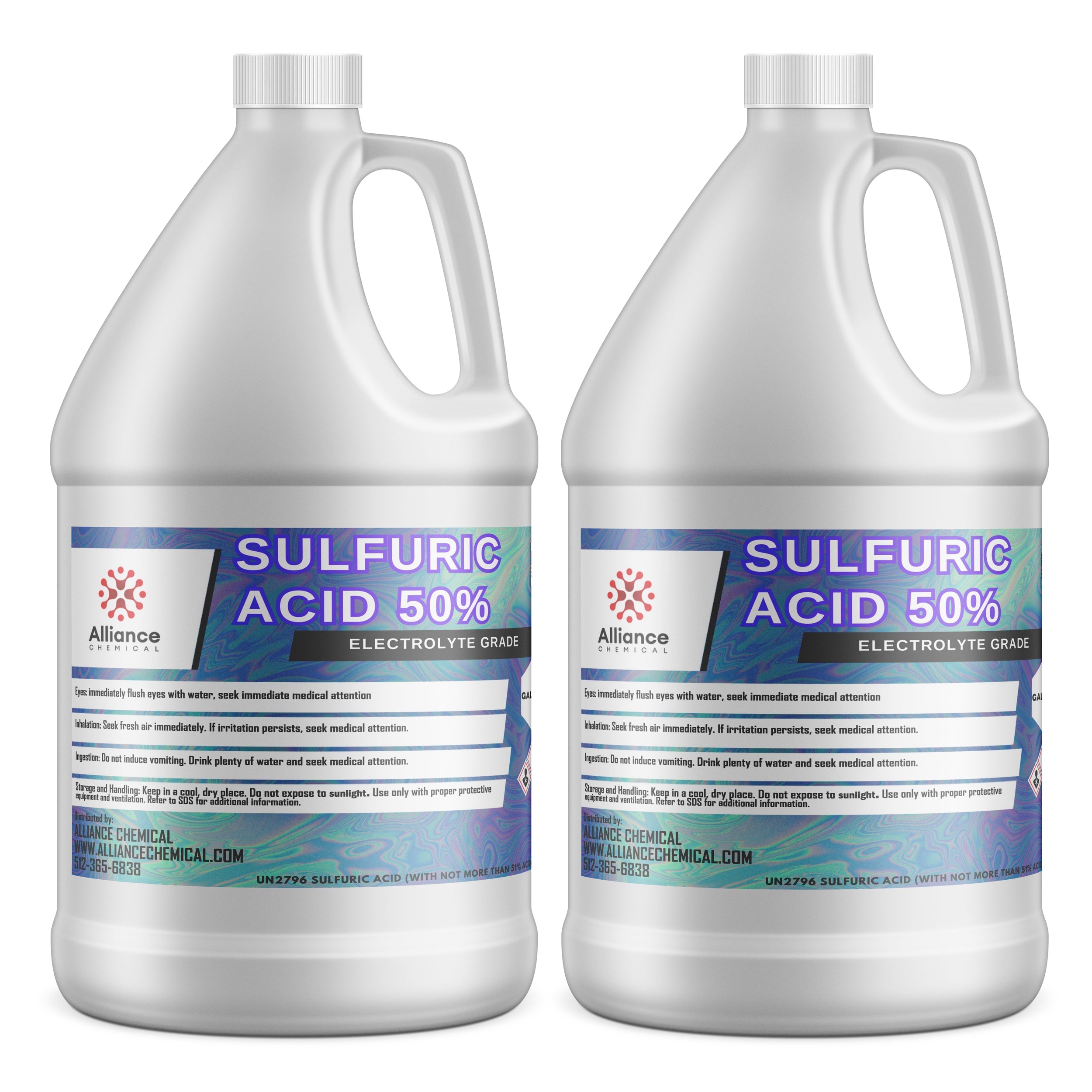 2-gallon HDPE containers of 50% Sulfuric Acid (Electrolyte Grade) with safety warnings, corrosive hazard symbol, Alliance Chemical branding.