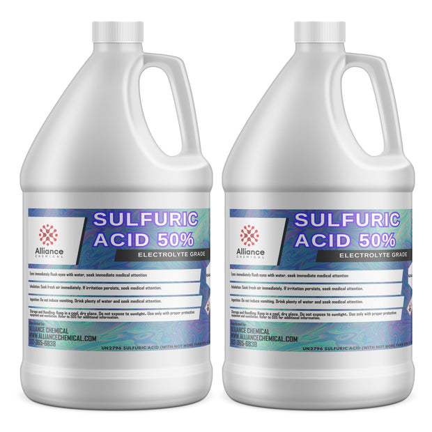 2-gallon HDPE containers of 50% Sulfuric Acid (Electrolyte Grade) Alliance Chemical branding