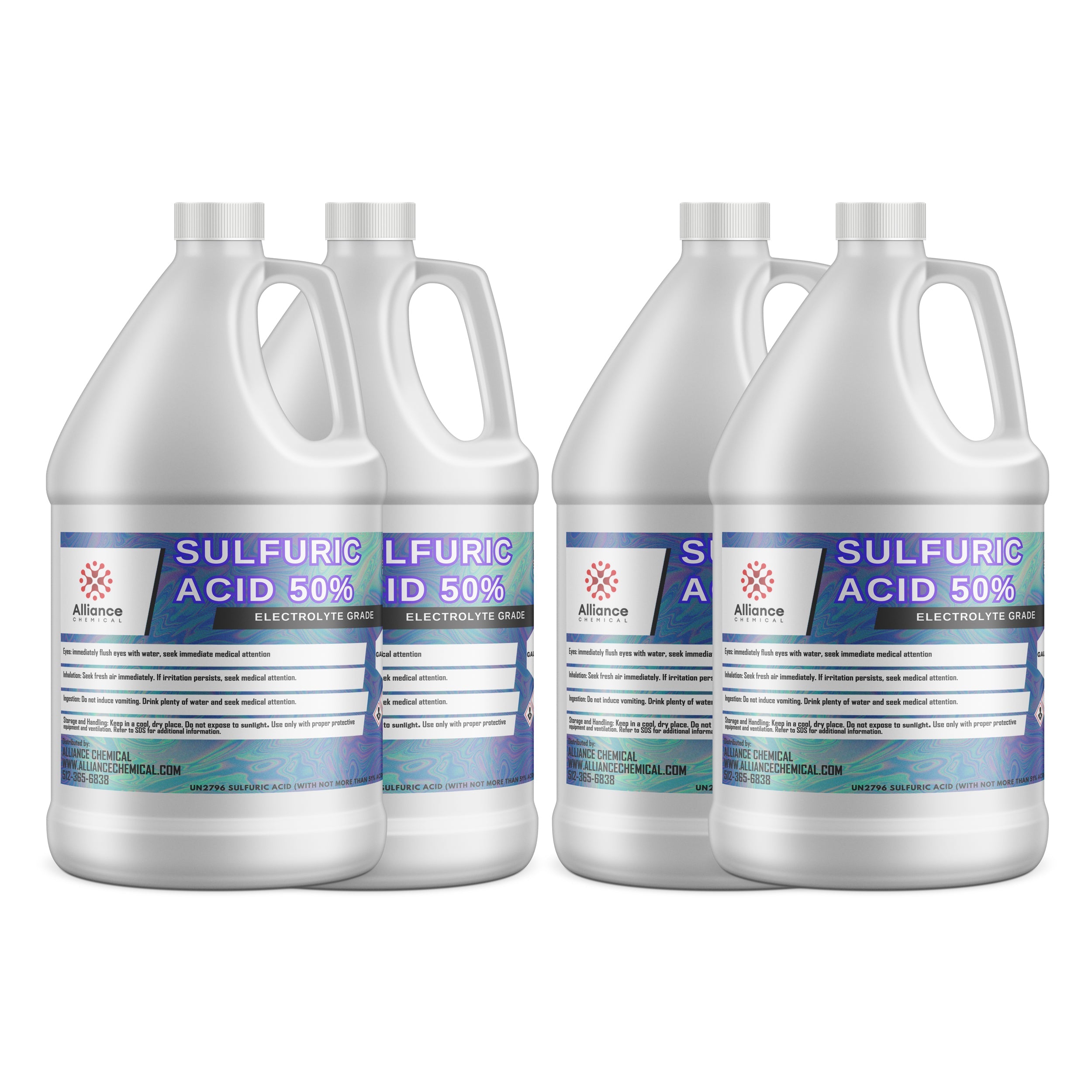 4x1-gallon HDPE jugs of 50% Sulfuric Acid electrolyte grade by Alliance Chemical, featuring hazard labels and safety warnings on blue-gradient labels.