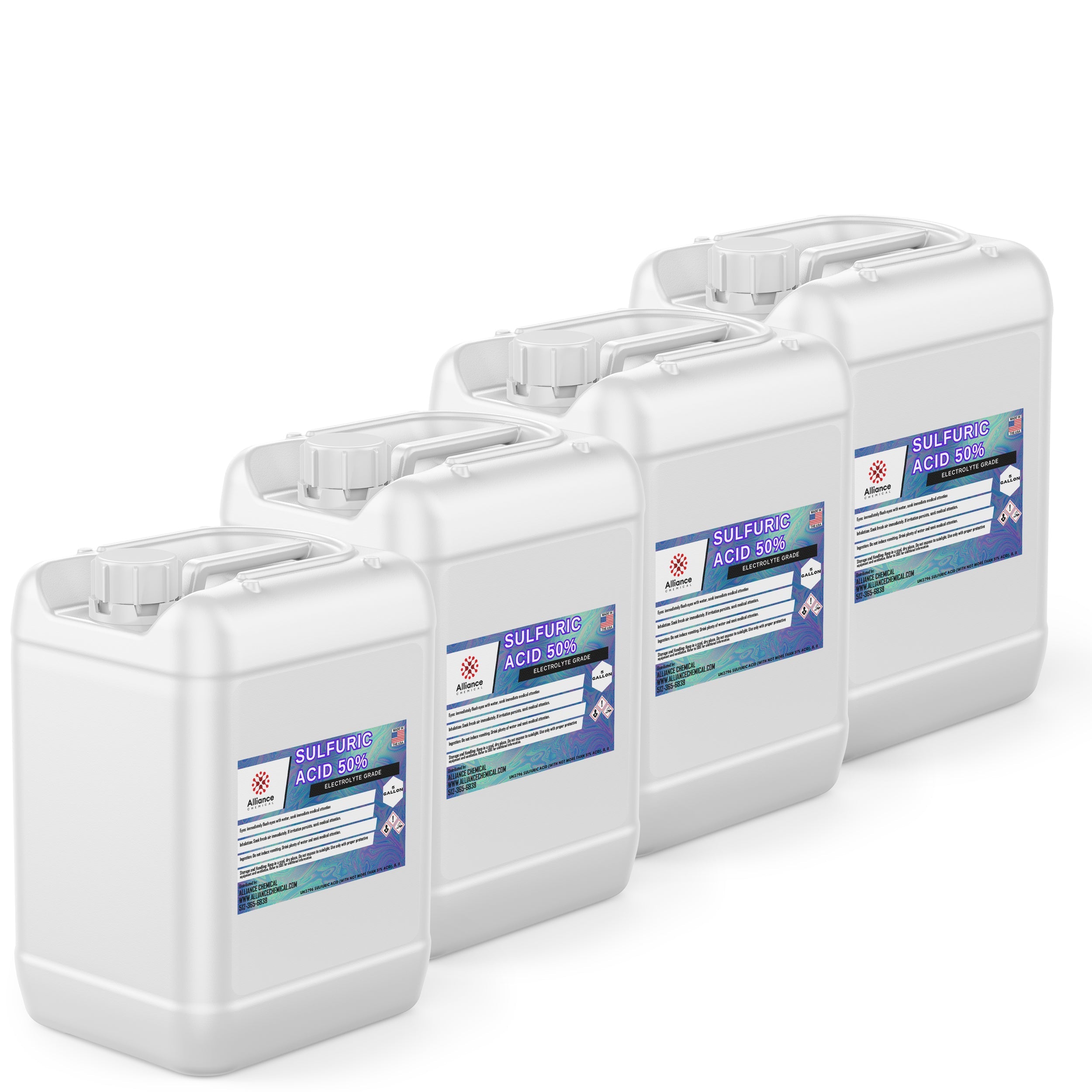 4x5-gallon HDPE containers of 50% Sulfuric Acid Electrolyte Grade, white industrial jugs with blue safety labels and hazard warnings, secured caps.