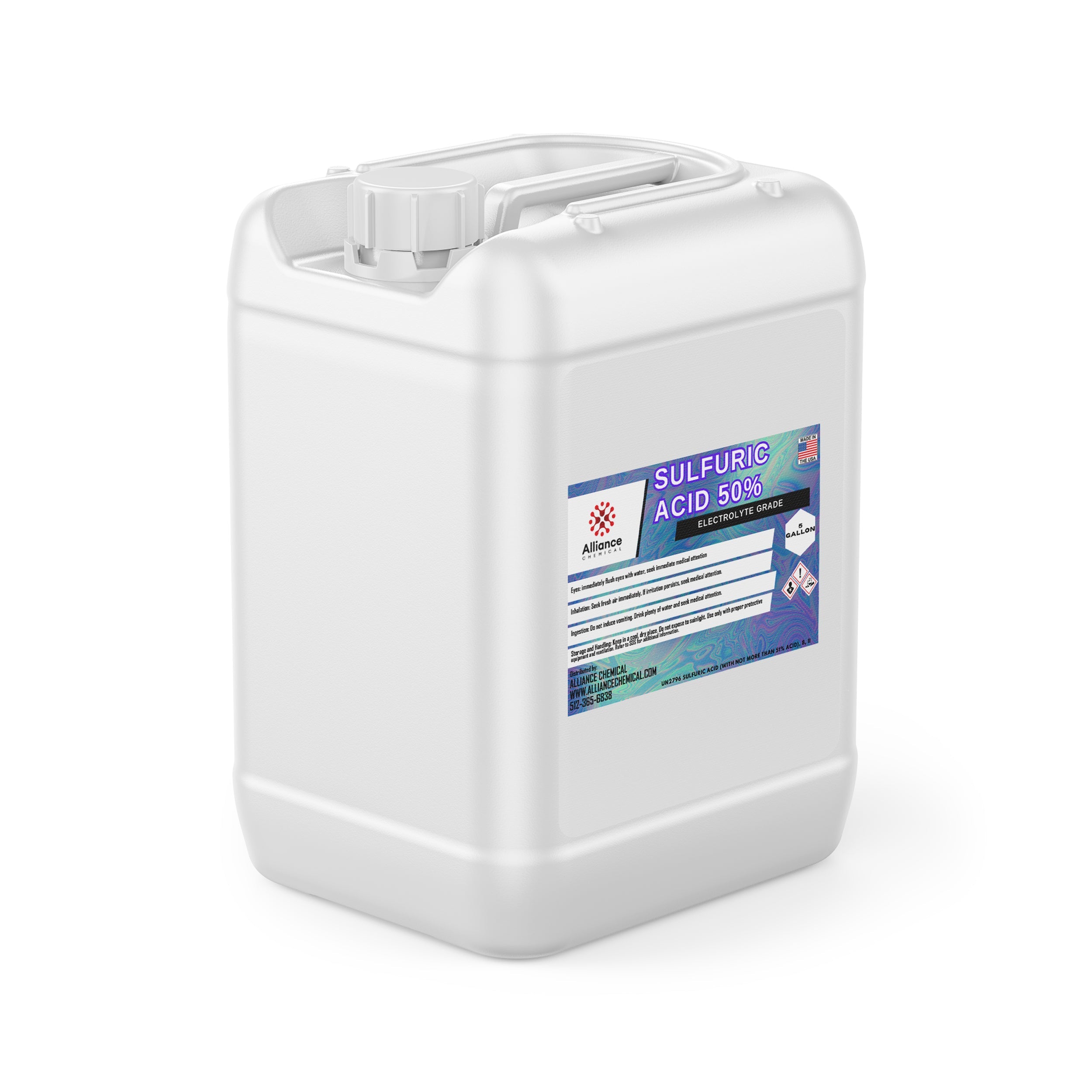 5-gallon white HDPE container of 50% Sulfuric Acid Electrolyte Grade with Alliance Chemical label, safety symbols, and secure screw cap closure.