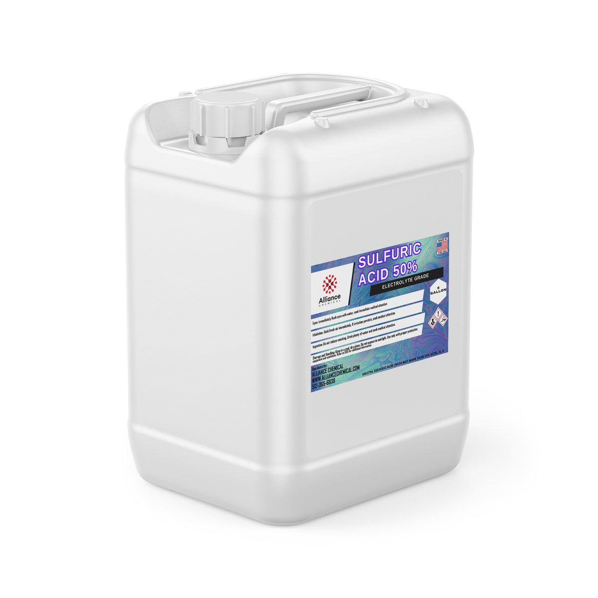 5-gallon HDPE container of 50% Sulfuric Acid Electrolyte Grade with Alliance Chemical label, safety symbols, and secure