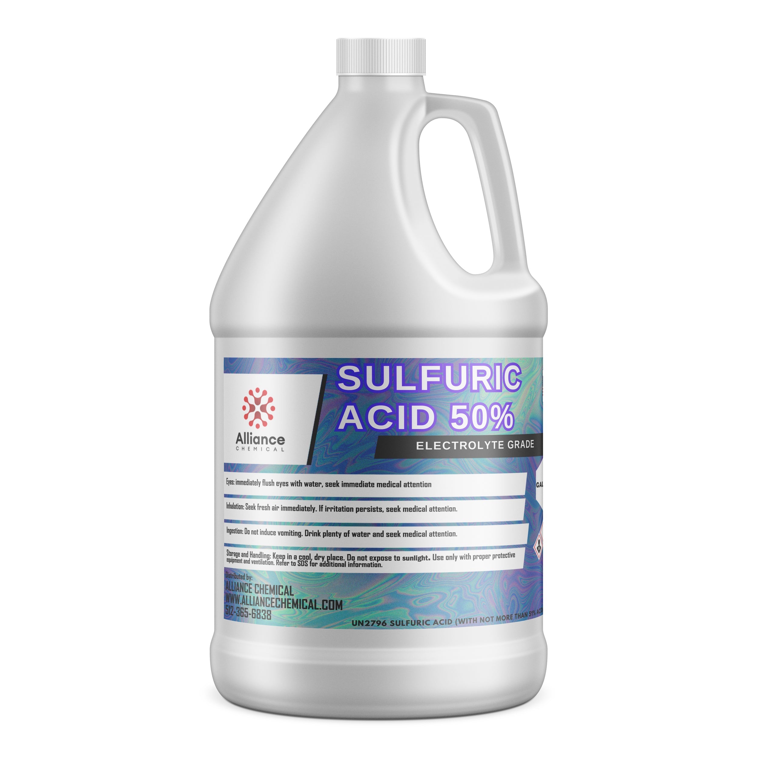 One-gallon HDPE jug of Alliance Chemical 50% Sulfuric Acid electrolyte grade with safety warnings, hazard information, and holographic security label.