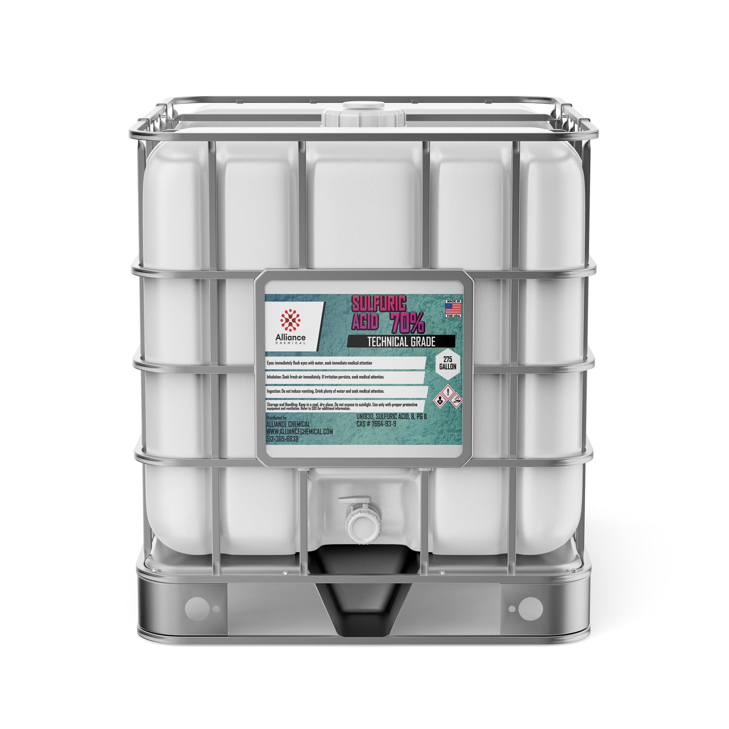 275-gallon IBC tote of technical-grade 70% sulfuric acid in white HDPE container with metal cage, integrated spigot, hazard symbols and Alliance Chemical labeling.