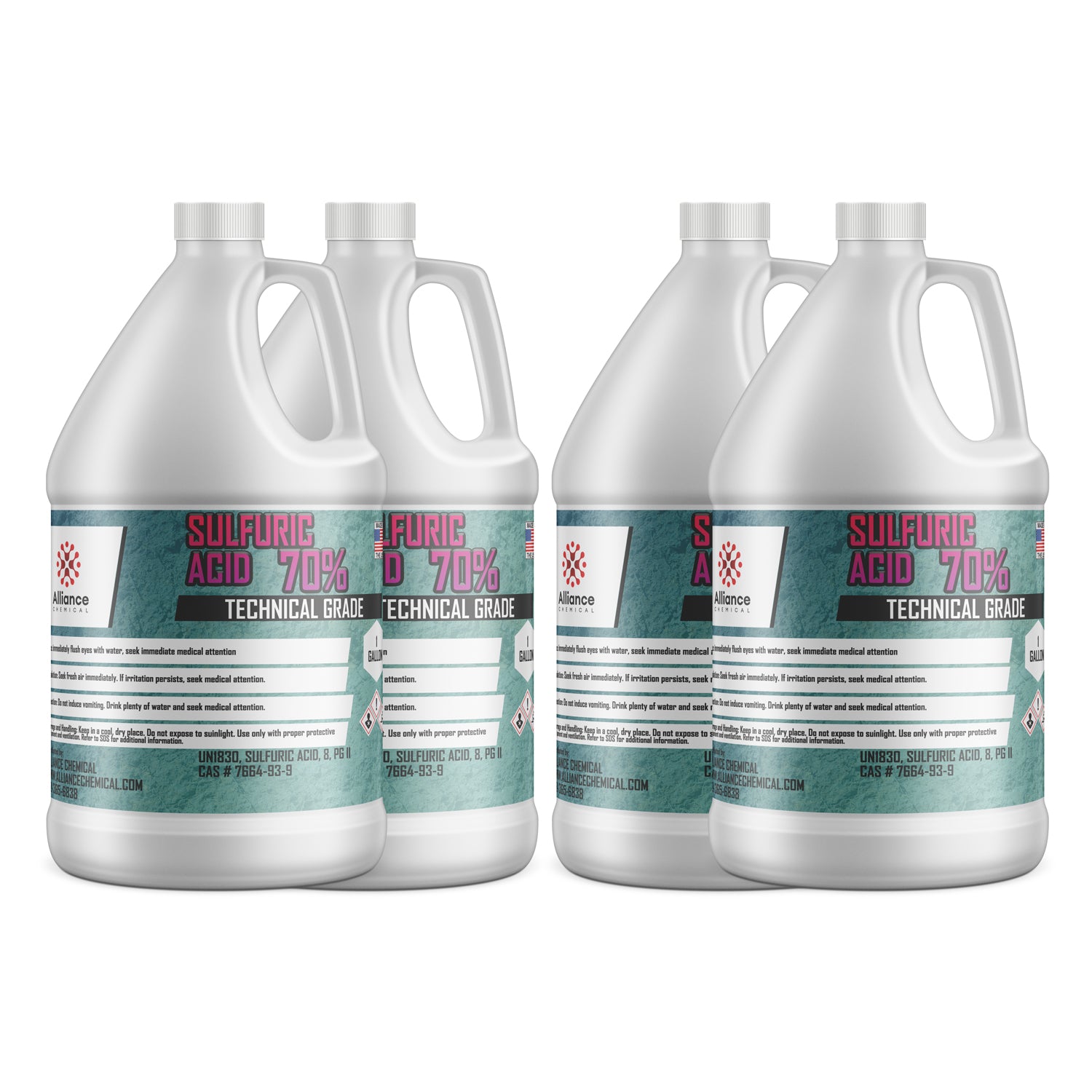 4x1-gallon containers of technical-grade 70% sulfuric acid in white HDPE jugs, featuring hazard warning labels, Alliance Chemical branding, and safety instructions on teal labels.