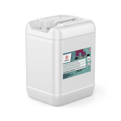 5-gallon white HDPE industrial container of 70% sulfuric acid with hazmat safety labeling, double-handle cap, chemical grade certification.