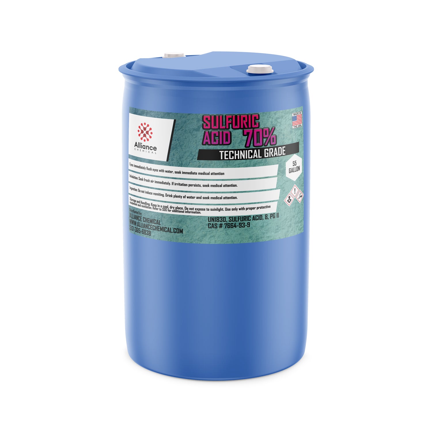 55-gallon blue HDPE drum of 70% technical-grade sulfuric acid by Alliance Chemical, featuring hazard warnings and CAS #7664-93-9.