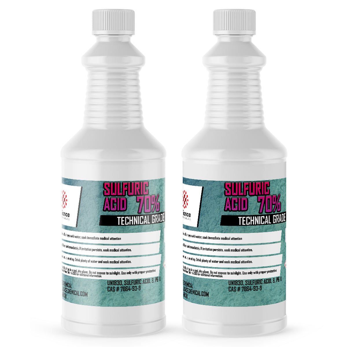 Two 1-quart plastic bottles of Alliance Chemical Sulfuric Acid 70% with white screw caps and product labels.