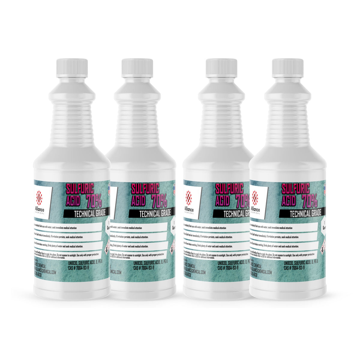 Four 1-quart plastic bottles of Alliance Chemical Sulfuric Acid 70% with white screw caps and product labels.