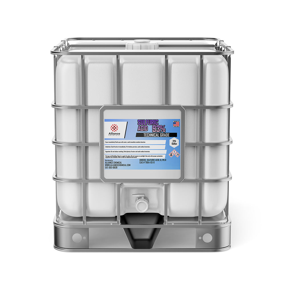 One 275-gallon tote of Alliance Chemical Sulfuric Acid 93% Technical Grade with a metal cage and a spigot.
