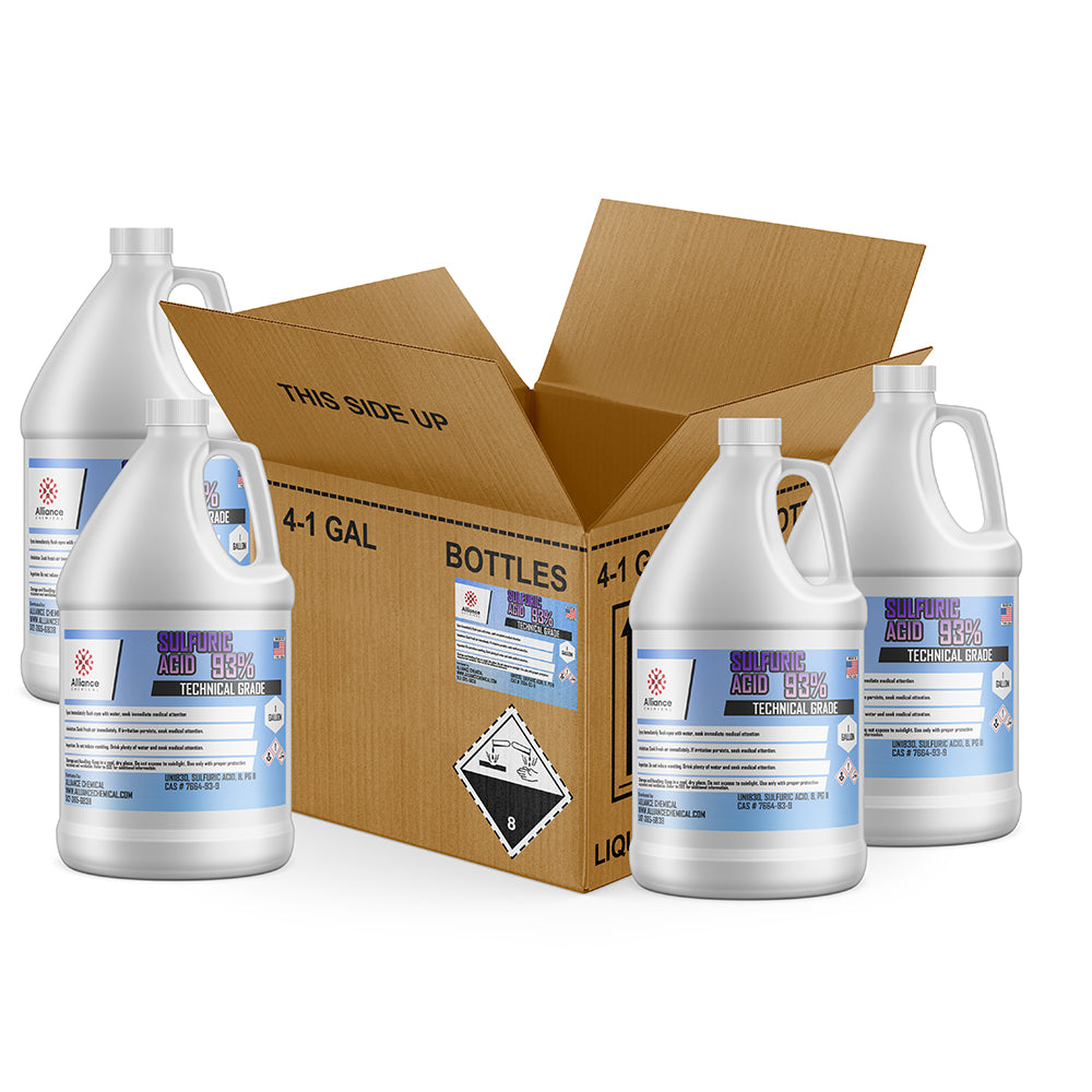 Four 1-gallon HDPE jugs of Alliance Chemical Sulfuric Acid 93% Technical Grade with handles and safety labels.