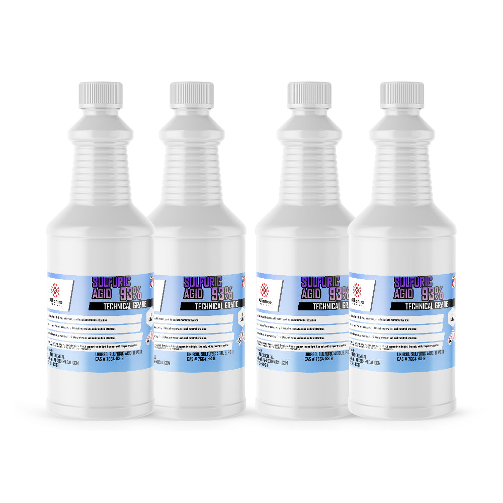 Four 1-quart HDPE bottles of Alliance Chemical Sulfuric Acid 93% Technical Grade with white screw caps and labels