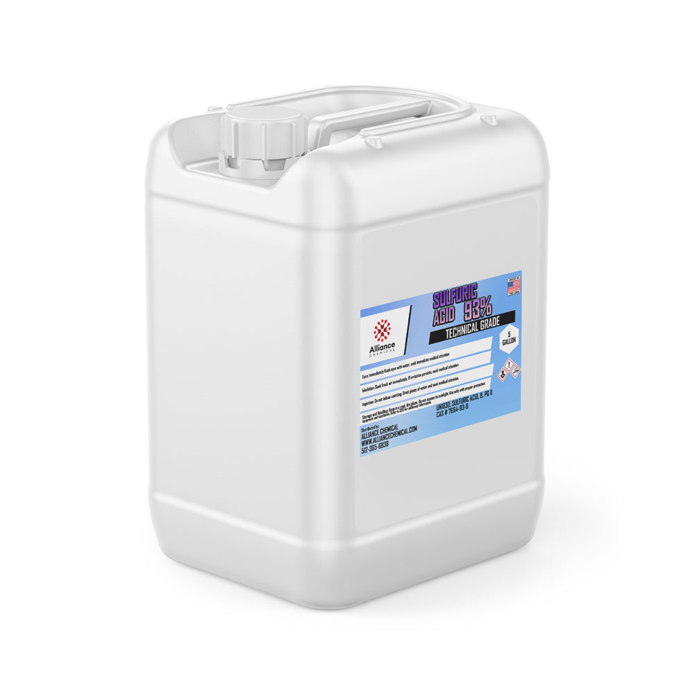 5-gallon white HDPE container of 93% technical-grade sulfuric acid with corrosive hazard label, Alliance Chemical branding, and secure screw cap.