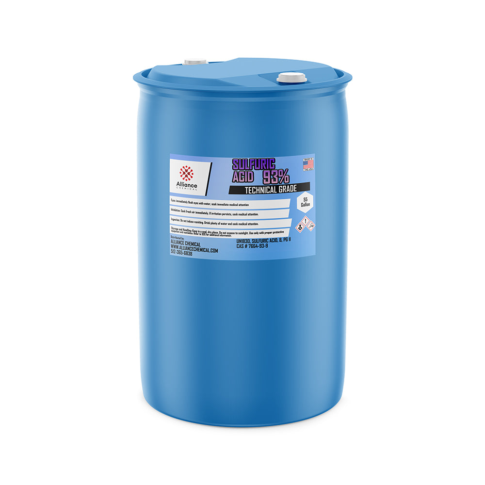 55-gallon blue HDPE drum of Technical Grade 93% Sulfuric Acid with safety warning label, Alliance Chemical branding, and UN identification codes.