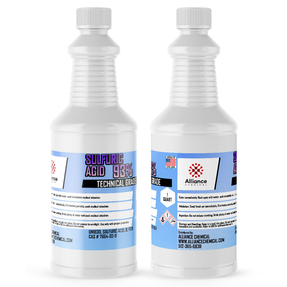 2-quart HDPE bottles of technical-grade 93% sulfuric acid with NFPA hazard diamonds, safety warnings, and ribbed protective design.