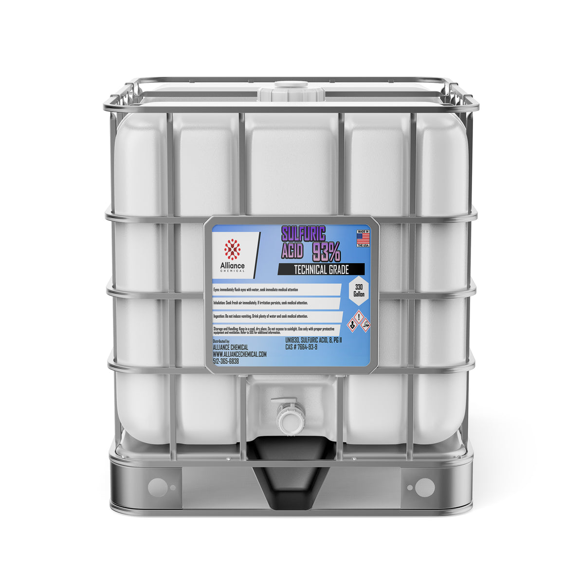 One 330-gallon plastic tote of Alliance Chemical Sulfuric Acid 93% Technical Grade with a steel cage and label.