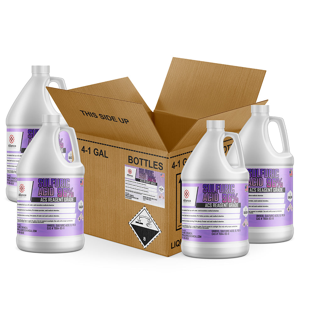 4x1-gallon sulfuric acid 96% ACS reagent grade in white HDPE bottles, corrosive Class 8 warning label, cardboard shipping box visible.