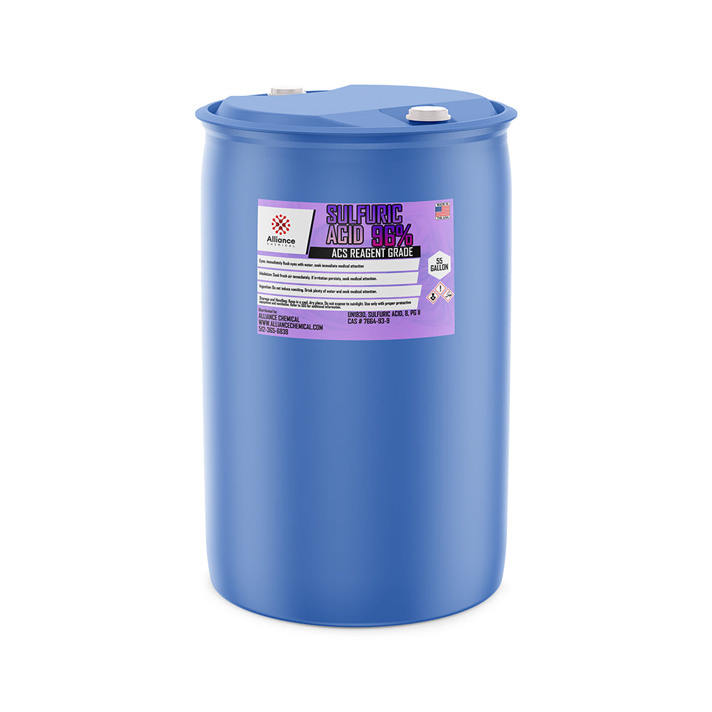 55-gallon blue HDPE drum of ACS reagent-grade 96% sulfuric acid with hazard warning symbols and Alliance Chemical labeling.