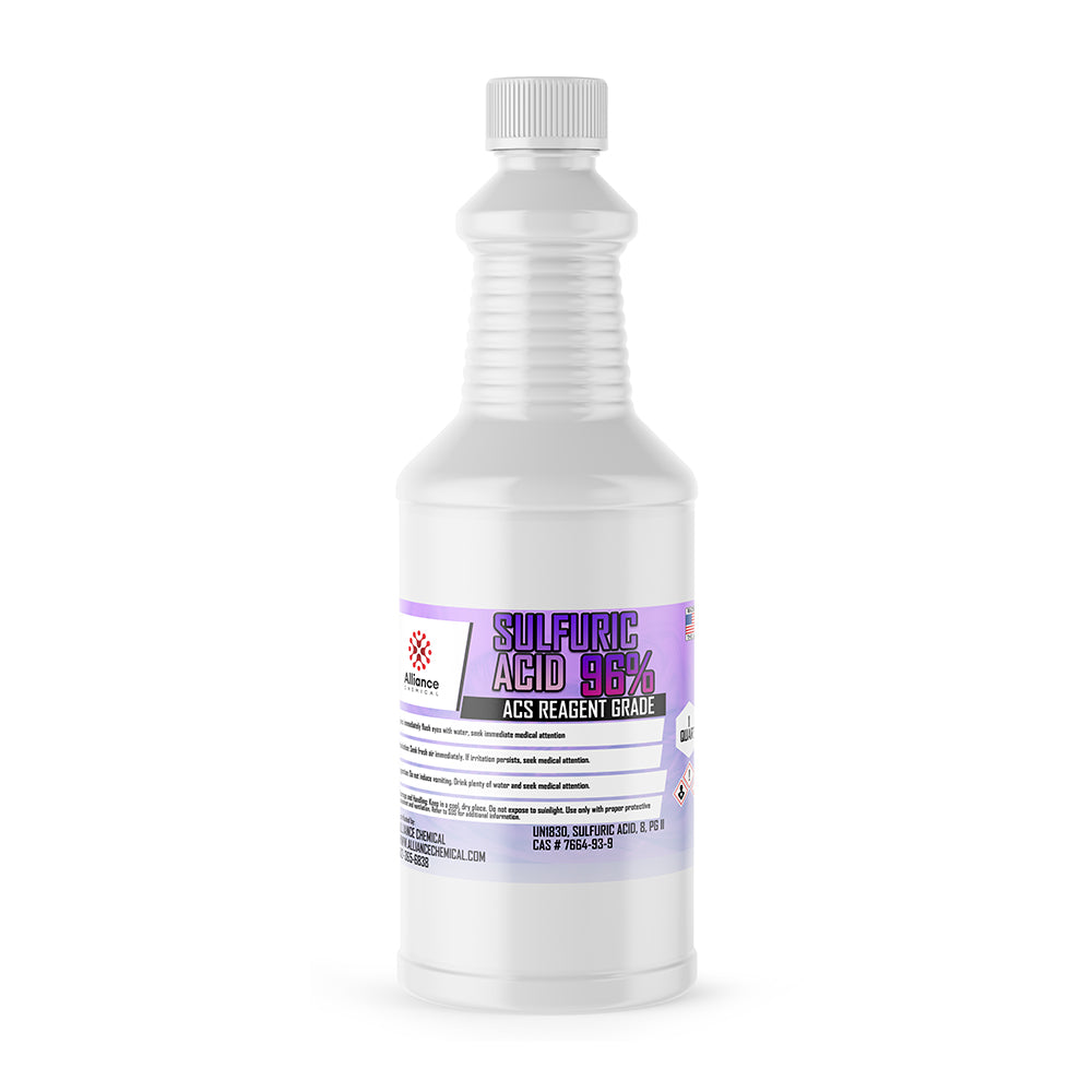 Quart bottle of 96% Sulfuric Acid ACS Reagent Grade in white HDPE container with ribbed design, purple label, Alliance Chemical branding.