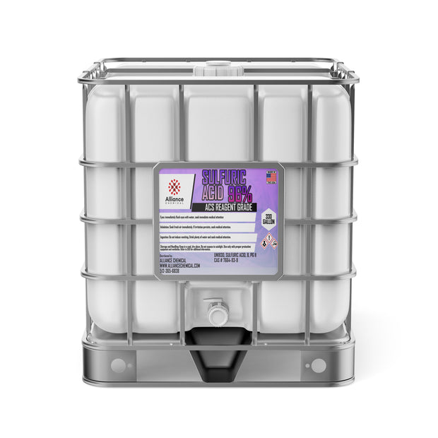 One 330-gallon plastic tote of Alliance Chemical Sulfuric Acid 96% ACS Grade with a white cap and a metal cage.
