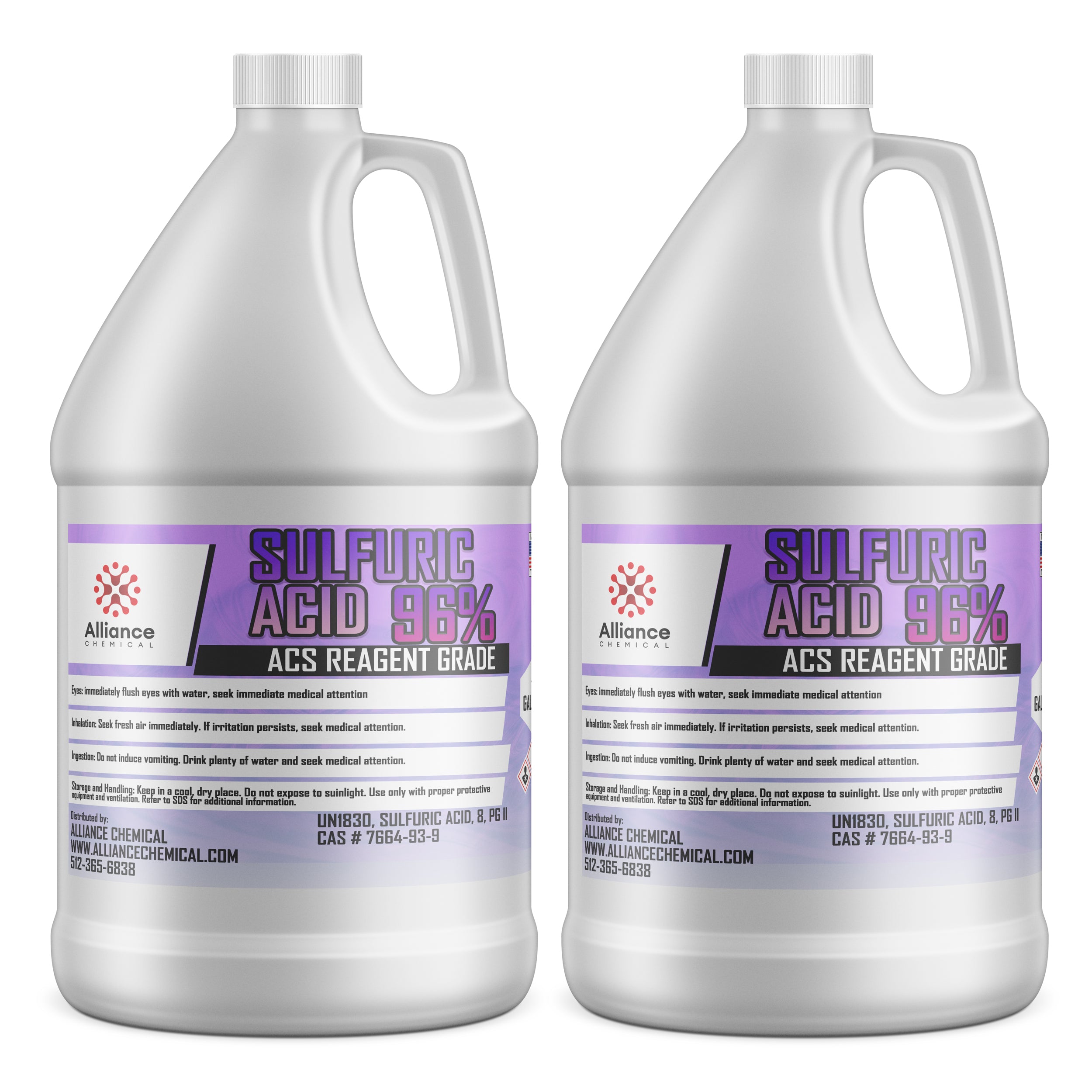 2-gallon HDPE jugs of 96% Sulfuric Acid, ACS Reagent Grade, with safety warnings, Alliance Chemical branding, and hazard labeling, CAS #7664-93-9.