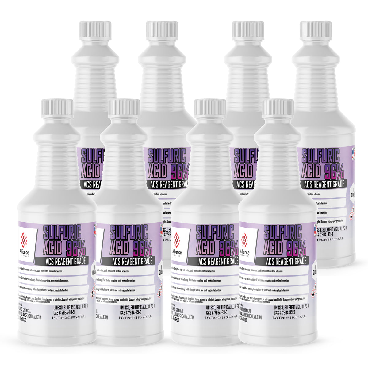 Eight 1-quart plastic bottles of Alliance Chemical Sulfuric Acid 96% ACS Grade with white ribbed screw caps and product la...