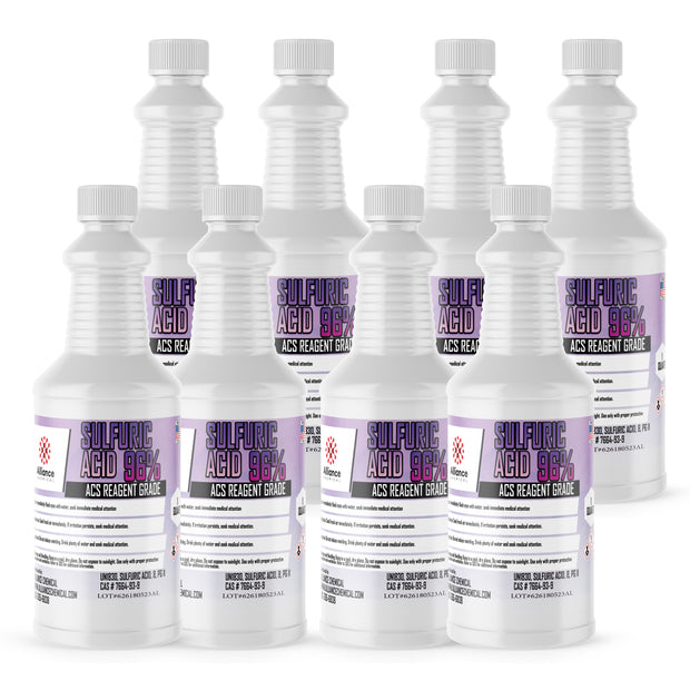 Eight 1-quart plastic bottles of Alliance Chemical Sulfuric Acid 96% ACS Grade with white ribbed screw caps and product la...
