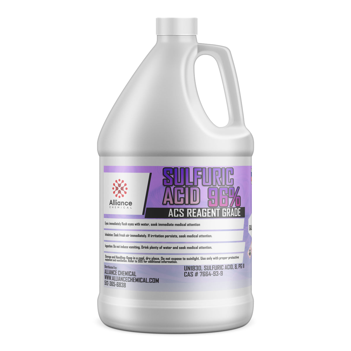 One-gallon HDPE container of 96% Sulfuric Acid ACS Reagent Grade Alliance Chemical branding, and white ridged cap