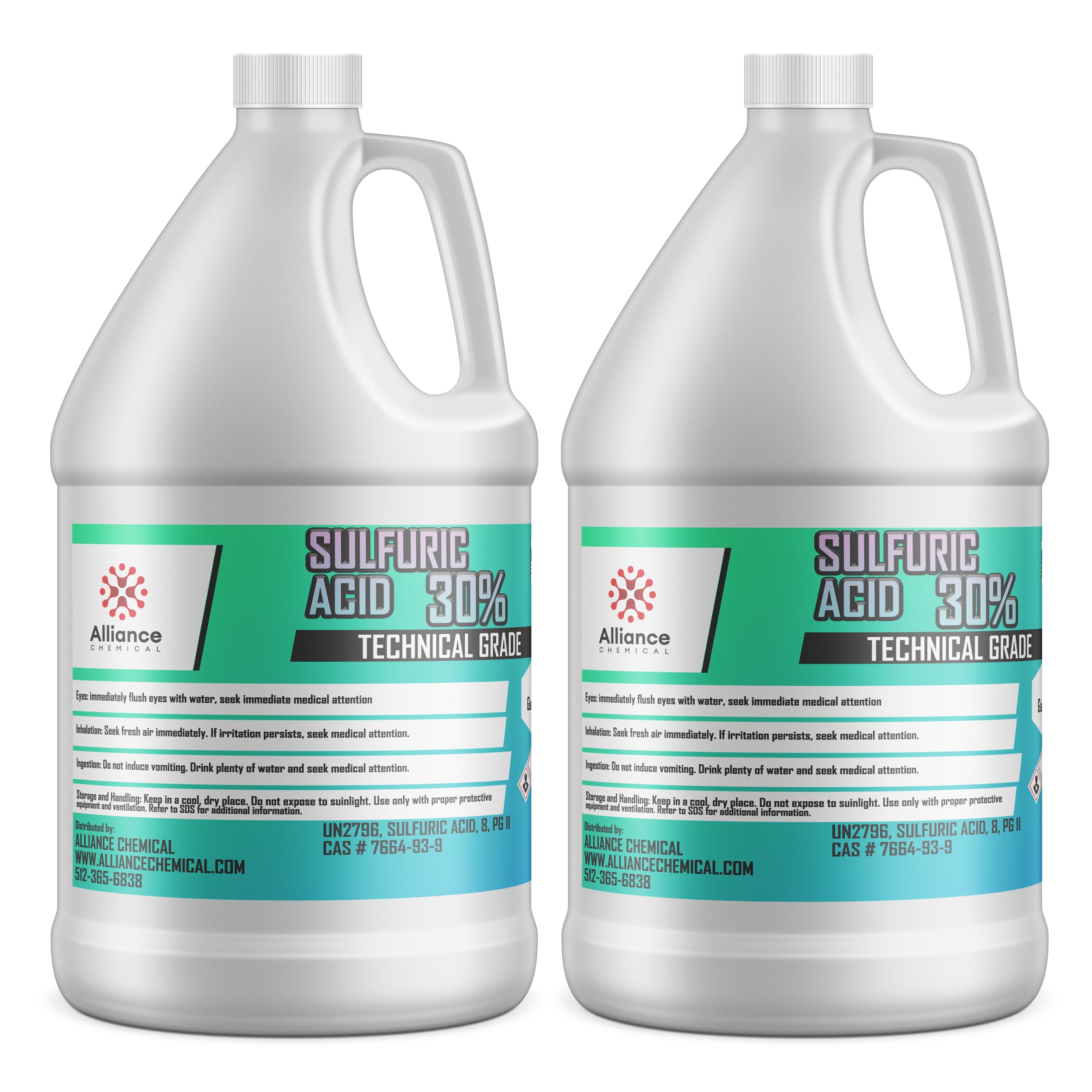 2-gallon technical-grade sulfuric acid (30%) in white HDPE jugs with safety warnings, hazard symbols, and Alliance Chemical branding, CAS #7664-93-9.