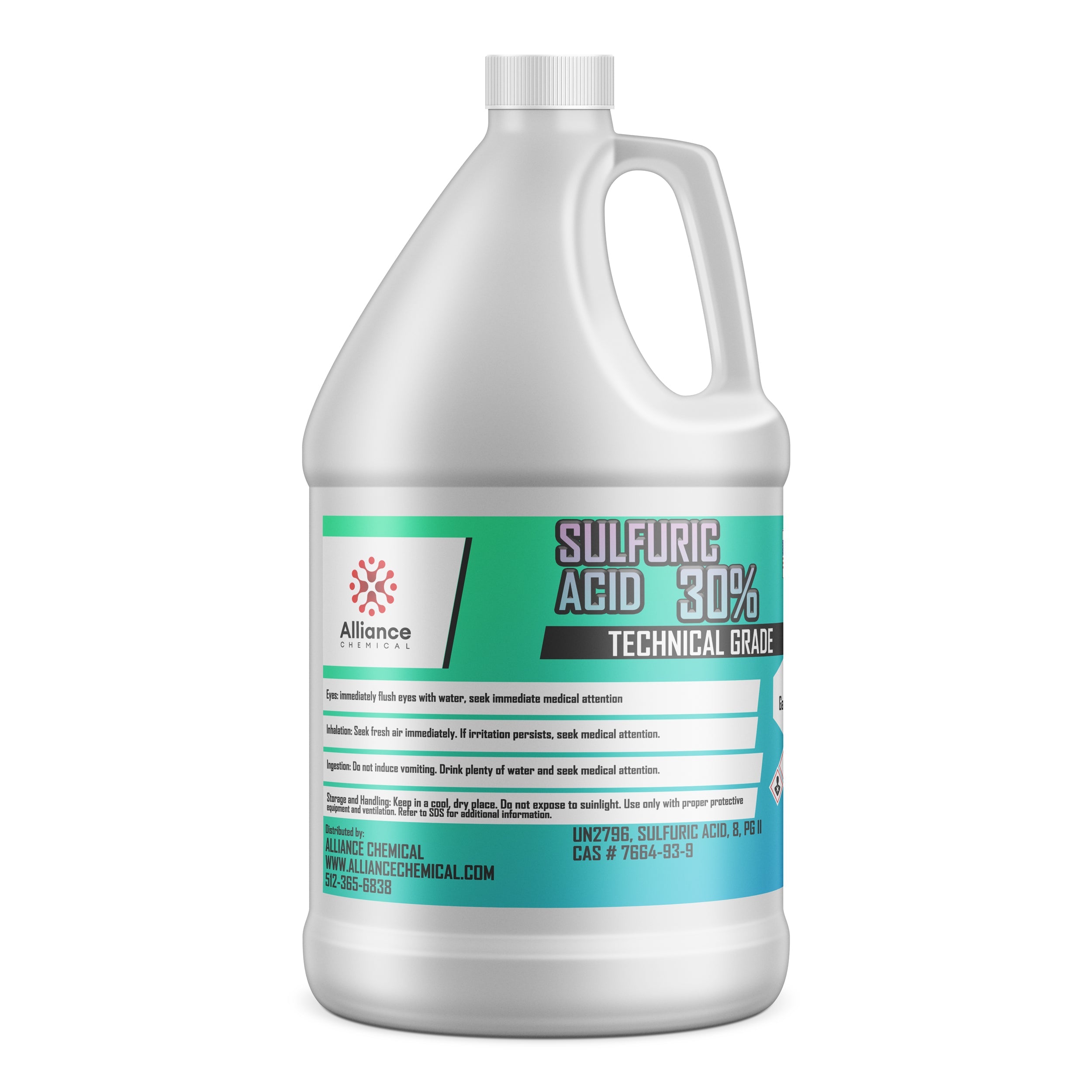 One-gallon white HDPE container of technical-grade 30% Sulfuric Acid by Alliance Chemical, featuring safety warnings and CAS#7664-93-9 on turquoise label.