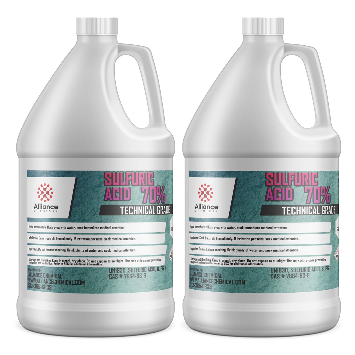 Two 1-gallon HDPE jugs of Alliance Chemical Sulfuric Acid 70% with white screw caps, labels, and integrated handles